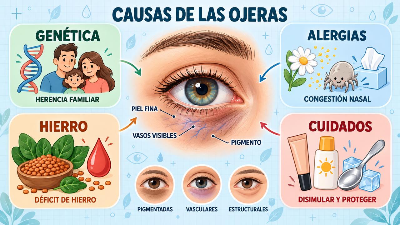 Genética, alergias, déficit de hierro y cuidados diarios explican y ayudan a disimular las ojeras.