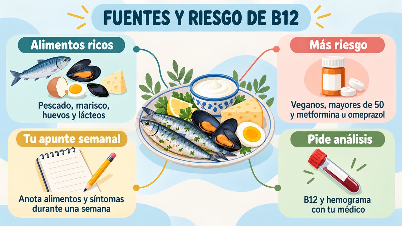 Alimentos de origen animal ricos en B12, grupos de más riesgo y pasos para consultar.