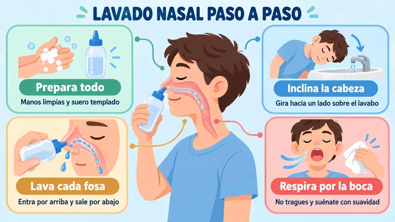 Los cuatro pasos del lavado nasal: preparar, inclinar la cabeza, lavar cada fosa y respirar por la boca.