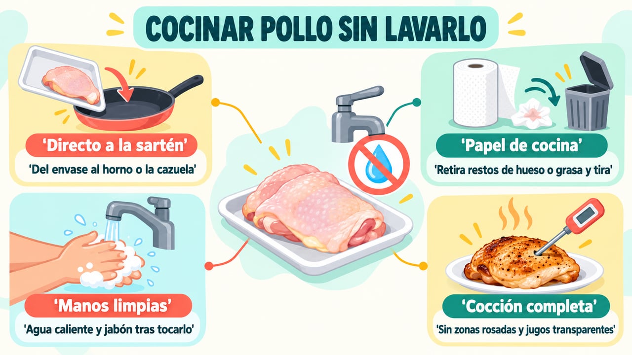 Pautas para manipular pollo en casa: cocinar sin lavarlo, usar papel, lavarse las manos y cocer bien.