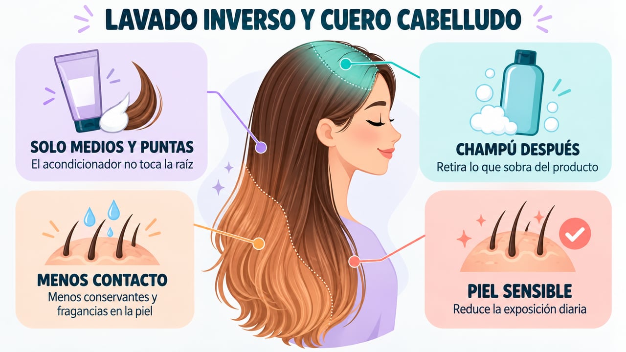El acondicionador va a medios y puntas, el champú retira el exceso y la piel recibe menos producto.