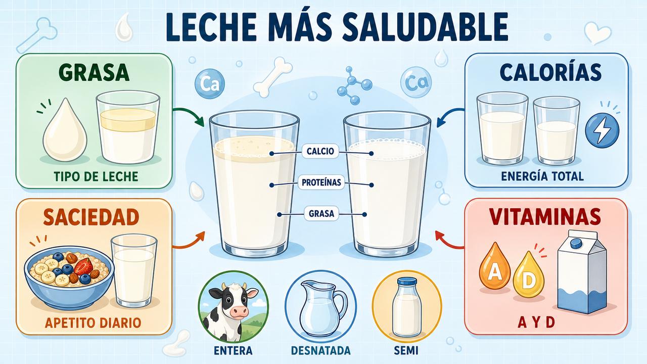 Grasa, calorías, saciedad y vitaminas orientan la elección de la leche.