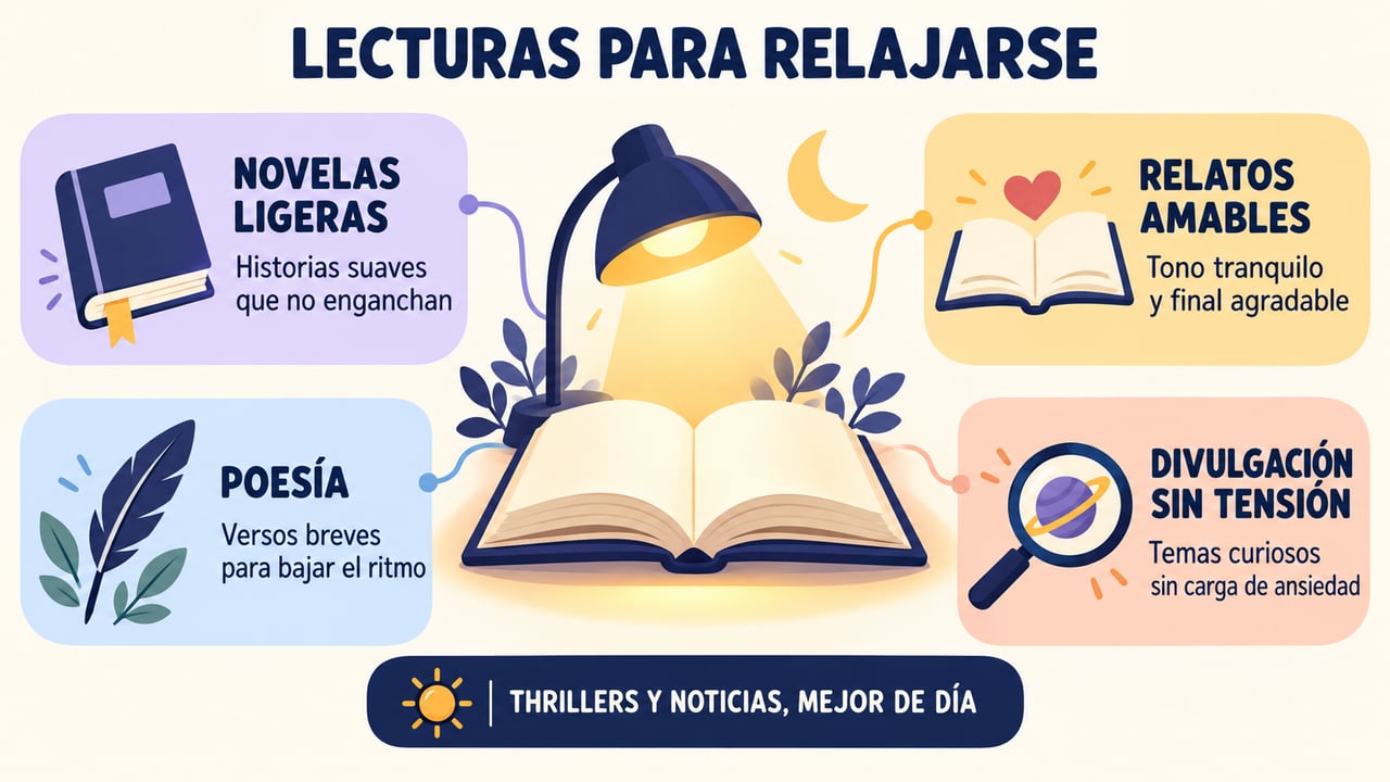 Novelas ligeras, relatos amables, poesía y divulgación tranquila favorecen la relajación antes de dormir.