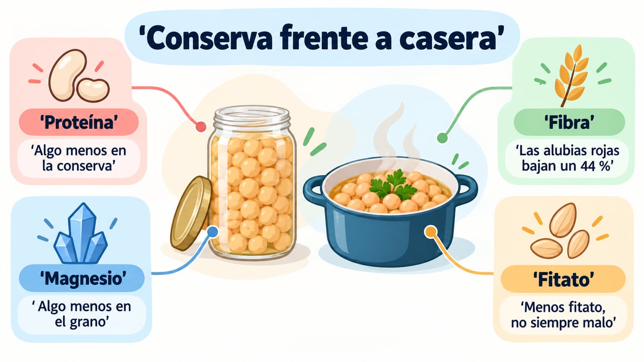 Comparativa entre legumbres en conserva y caseras en proteína, fibra, magnesio y fitato.