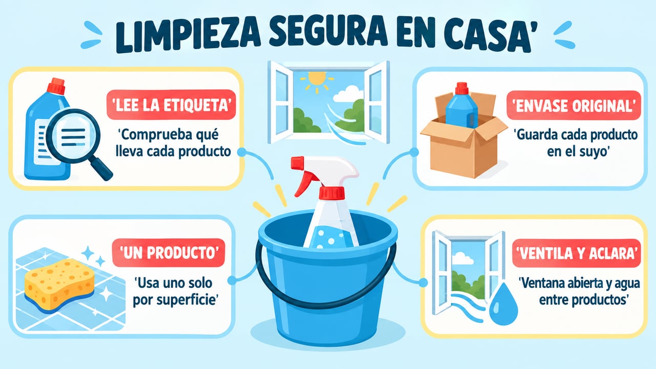 Leer la etiqueta, usar el envase original, un producto por superficie y ventilar evitan mezclas peligrosas.