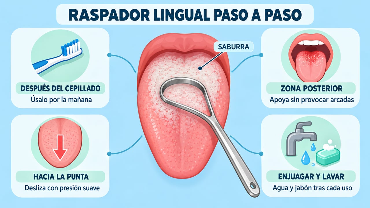 Cuatro pasos para usar el raspador lingual sin dañar las papilas, de atrás hacia la punta.