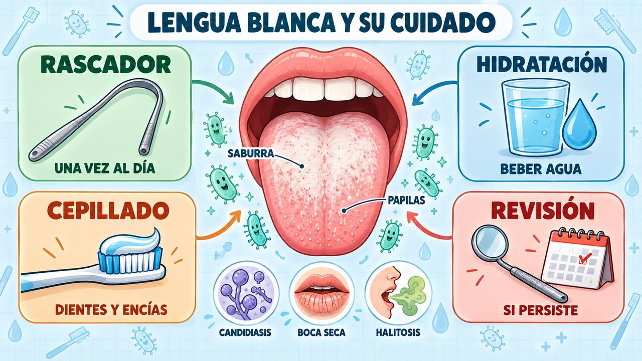 Cuatro pilares contra la lengua blanca: rascador, hidratación, cepillado y revisión profesional si persiste.