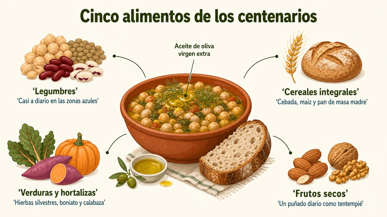 Legumbres, cereales integrales, verduras, frutos secos y aceite de oliva se repiten en las zonas azules.