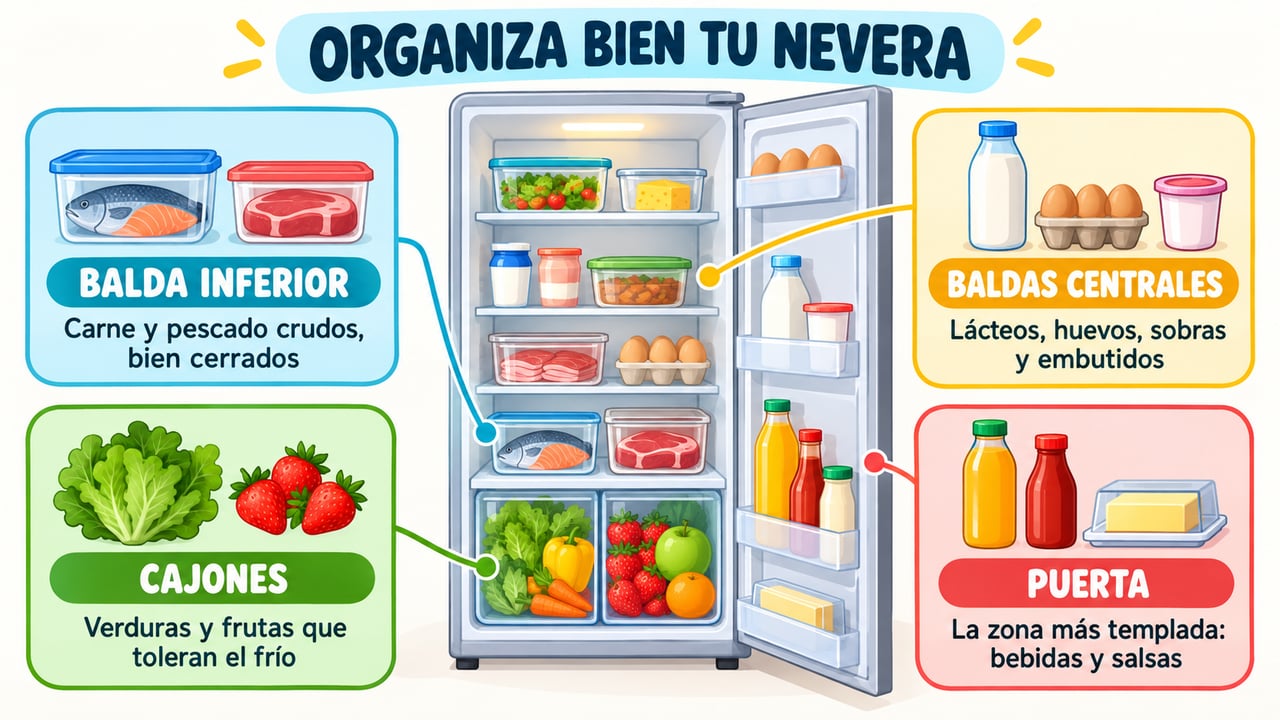 Cada balda tiene su temperatura: carne abajo, lácteos al centro, verduras en cajones y salsas en la puerta.