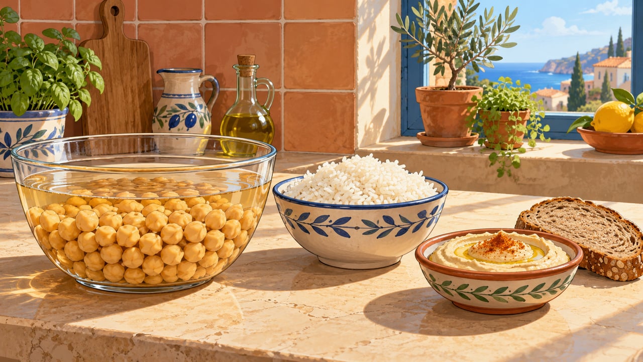 Garbanzos en remojo, arroz y hummus con pan integral forman una proteína vegetal más completa.