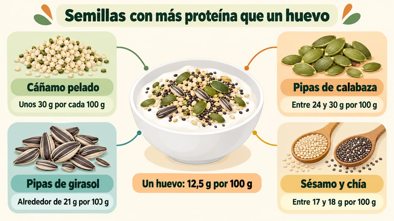 Cáñamo, calabaza, girasol, sésamo y chía superan al huevo en proteína por cada 100 g.
