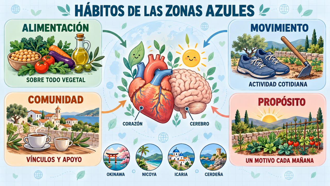 Cuatro pilares de las zonas azules: alimentación vegetal, movimiento diario, comunidad y propósito vital.