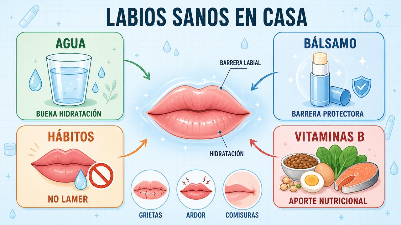 Hidratación, bálsamo, hábitos y vitaminas B cuidan la barrera labial.