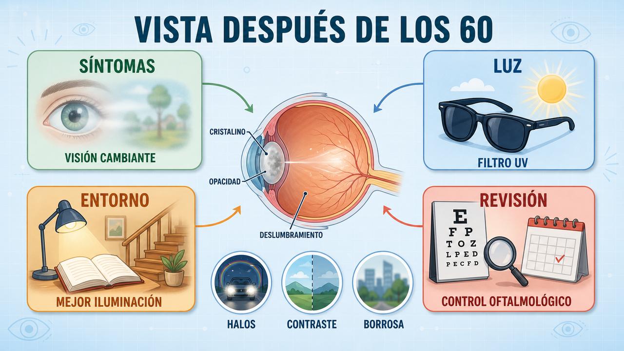 Síntomas, protección, entorno y revisión oftalmológica para cuidar la vista con cataratas.