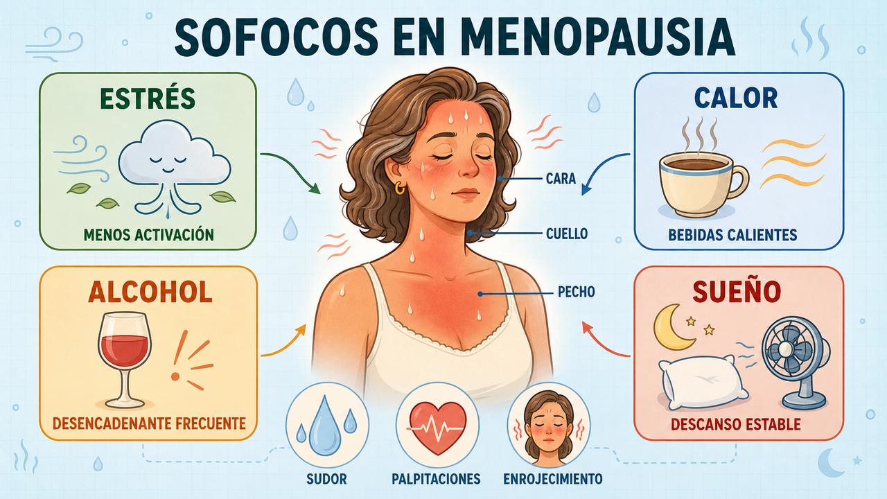 Estrés, calor, alcohol y sueño influyen en los sofocos menopáusicos.
