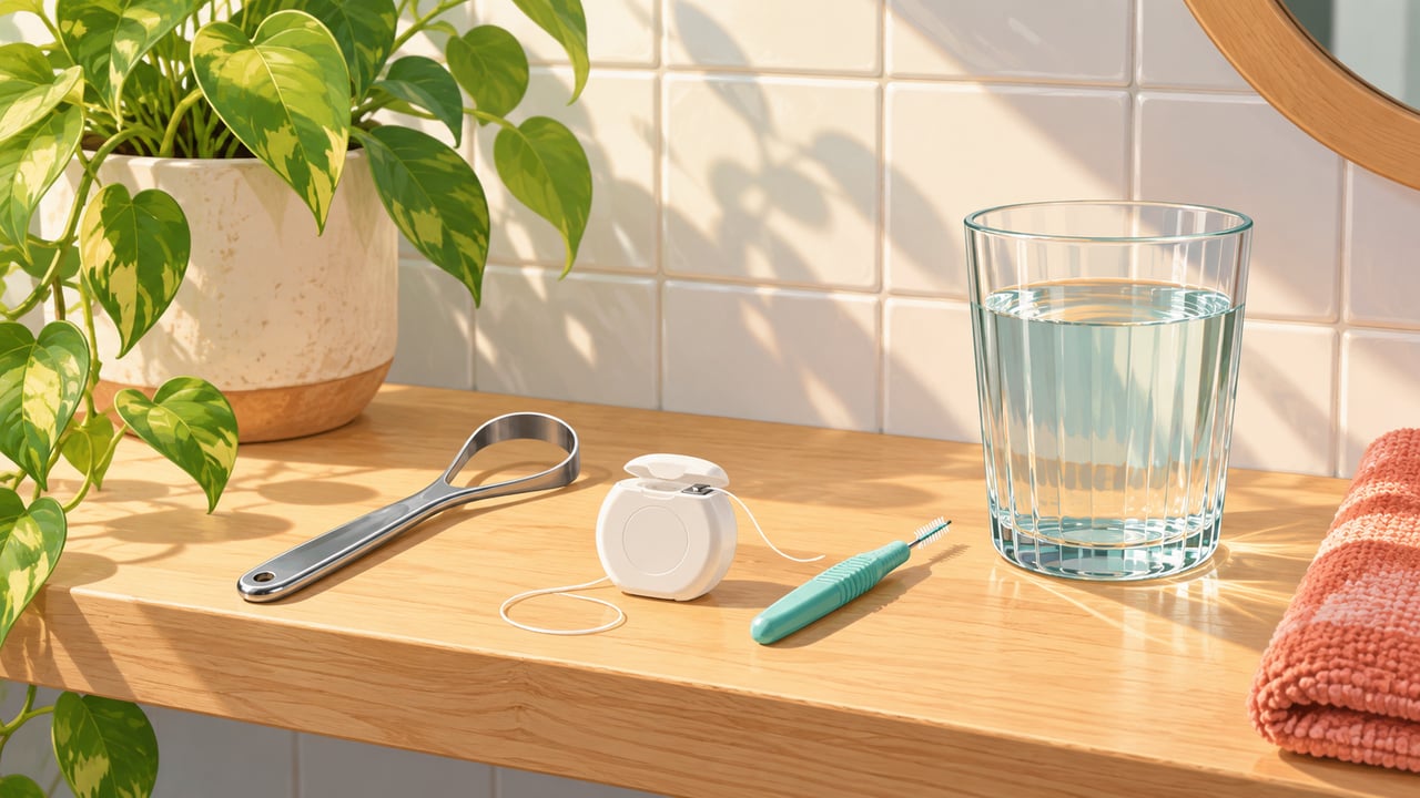Rascador lingual, hilo dental y agua completan la limpieza de las zonas que el cepillo no alcanza.