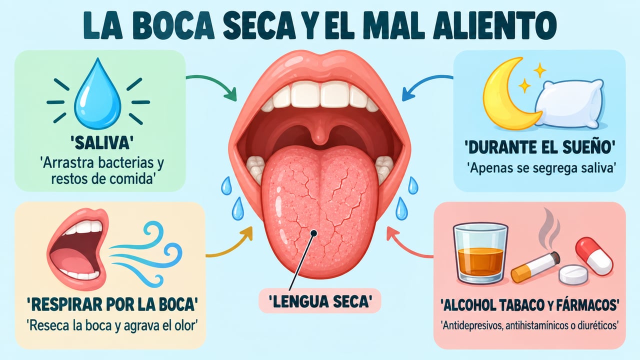 Durante el sueño y con la boca seca, la saliva deja de arrastrar bacterias y el aliento empeora.