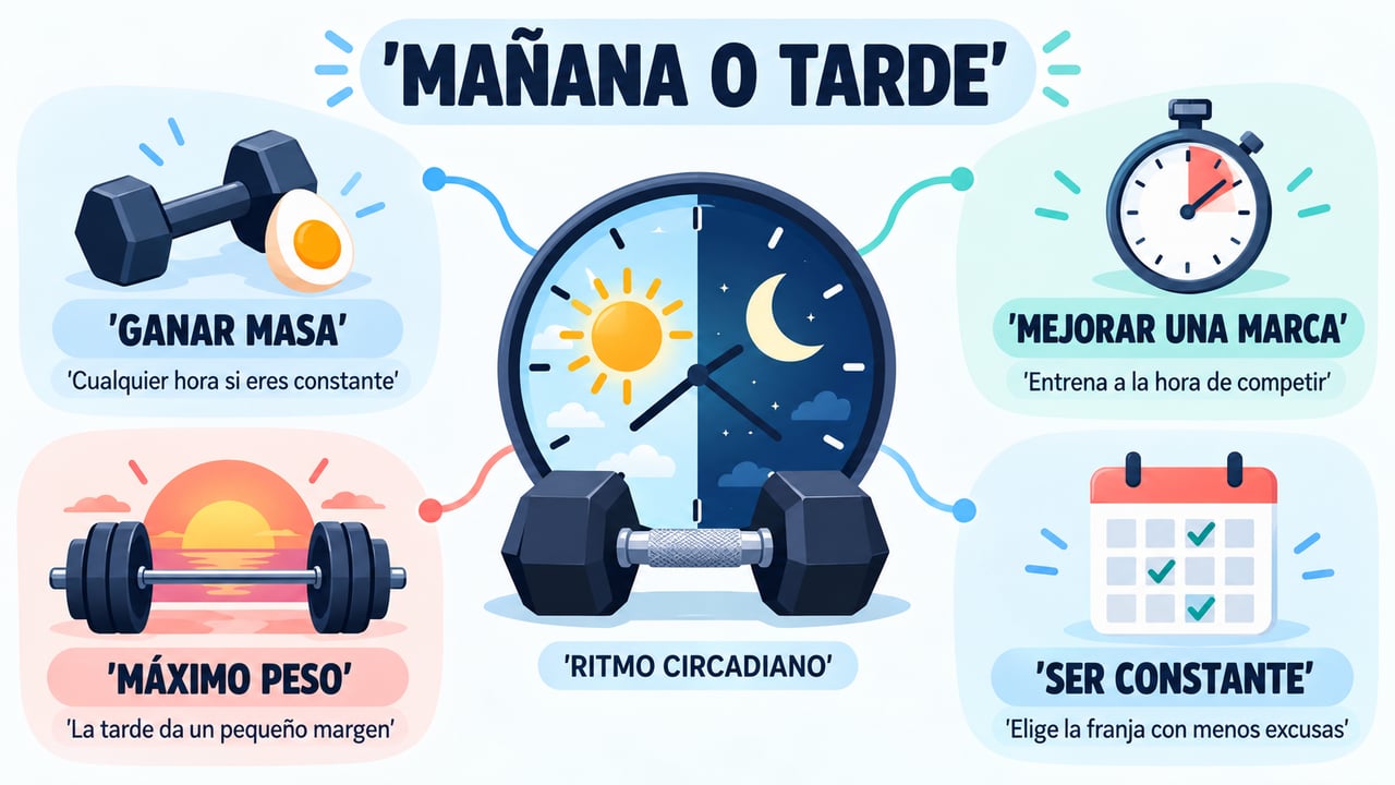 Cada objetivo pide un horario distinto: ganar masa, mejorar marcas, levantar más peso o ser constante.