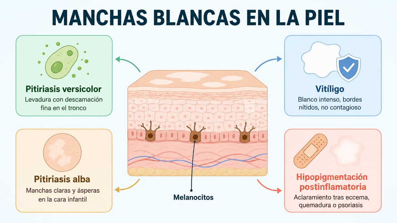 Principales causas de manchas blancas: pitiriasis versicolor, vitíligo, pitiriasis alba e hipopigmentación tras una inflamación.