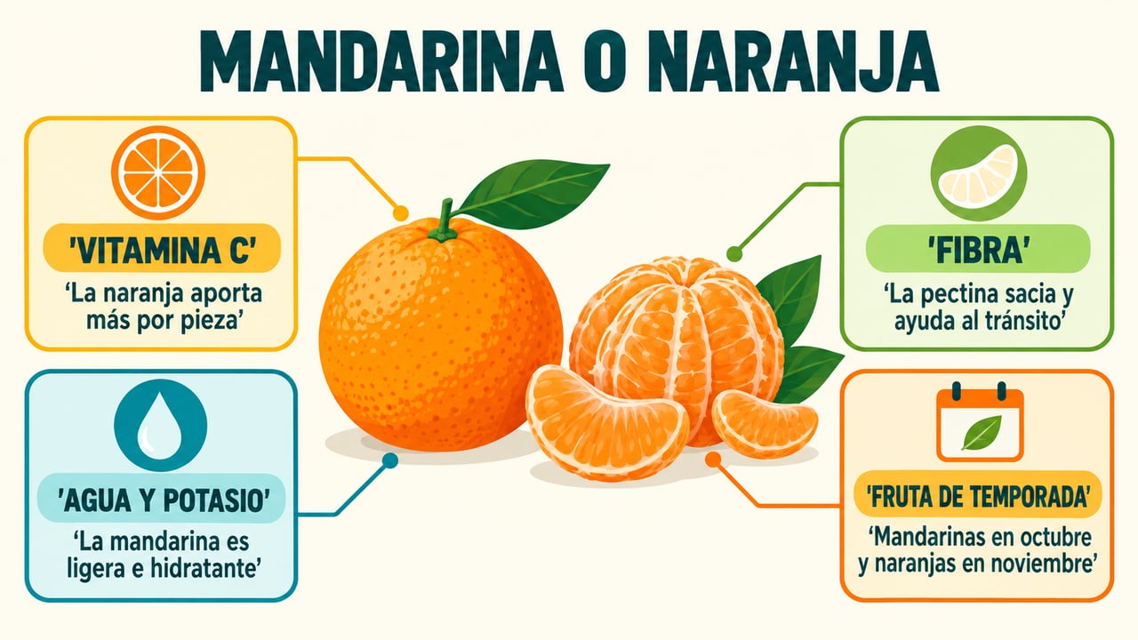 Vitamina C, fibra, agua y temporada: las claves para elegir entre mandarina y naranja.