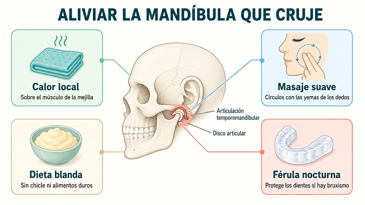 Calor local, masaje suave, dieta blanda y férula nocturna ayudan a aliviar la articulación temporomandibular.