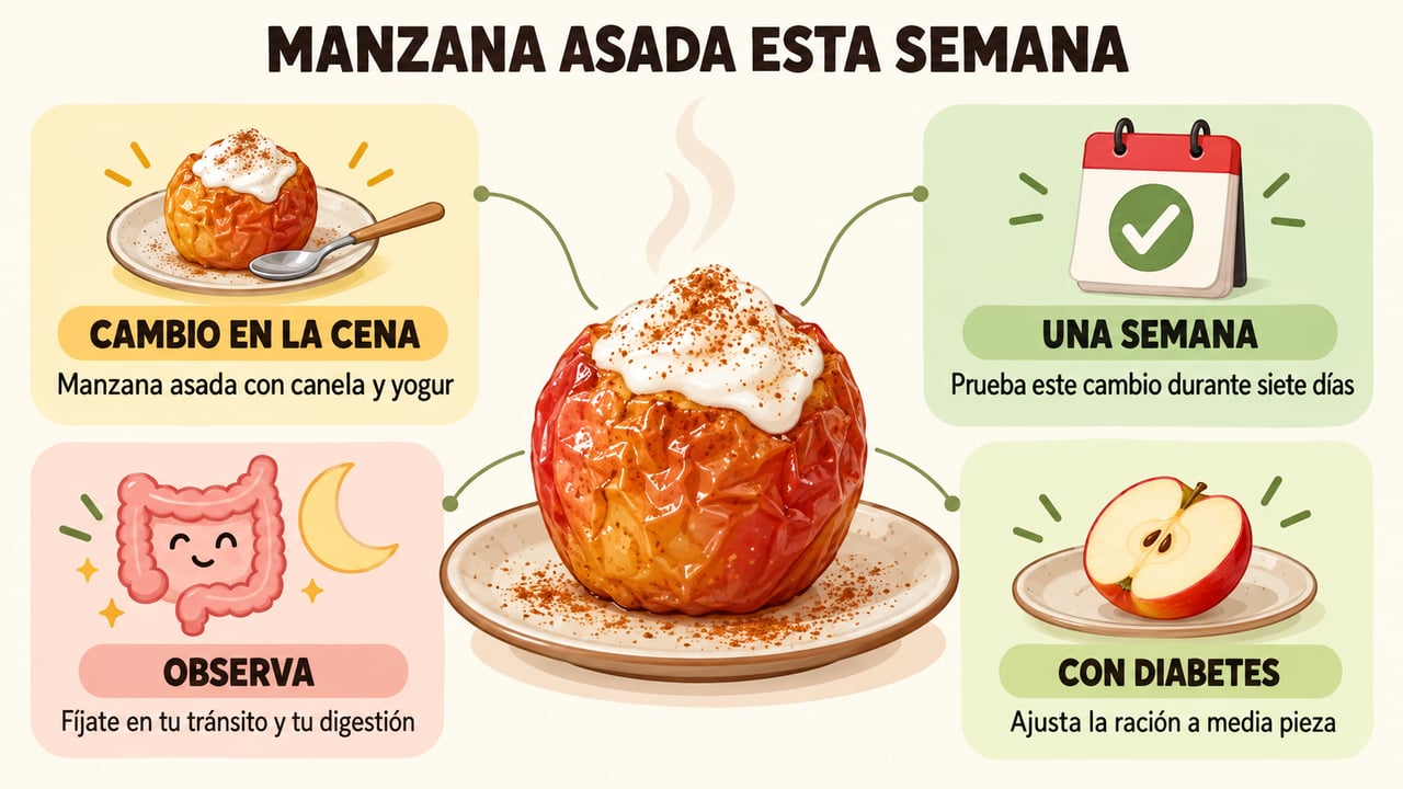 Probar una semana manzana asada con canela y yogur, vigilando tránsito, digestión y ración.