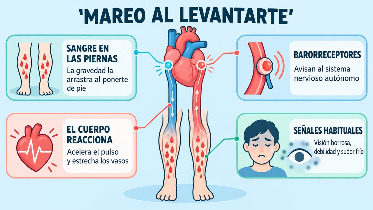 La sangre se acumula en las piernas, los barorreceptores avisan y el cuerpo reacciona con señales habituales.
