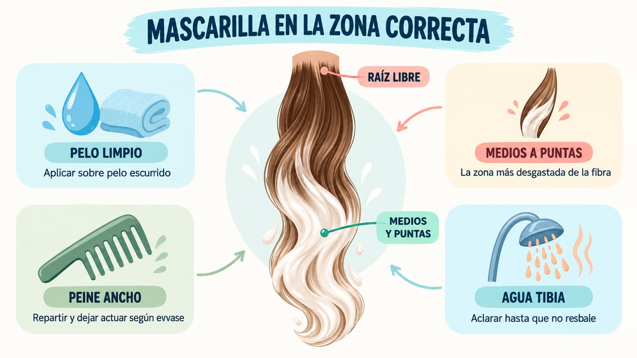 La mascarilla se aplica sobre pelo limpio, de medios a puntas, con peine ancho y agua tibia.
