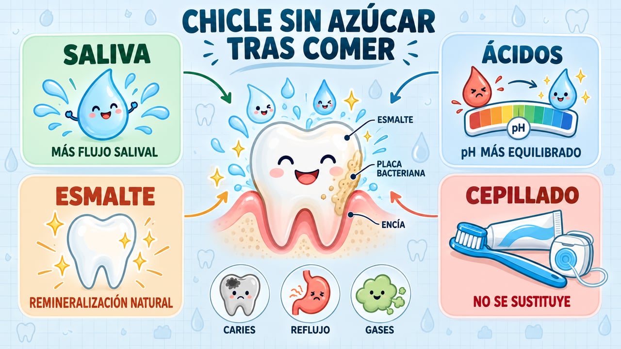 Saliva, ácidos, esmalte y cepillado: cuatro claves del efecto del chicle sin azúcar en la boca.