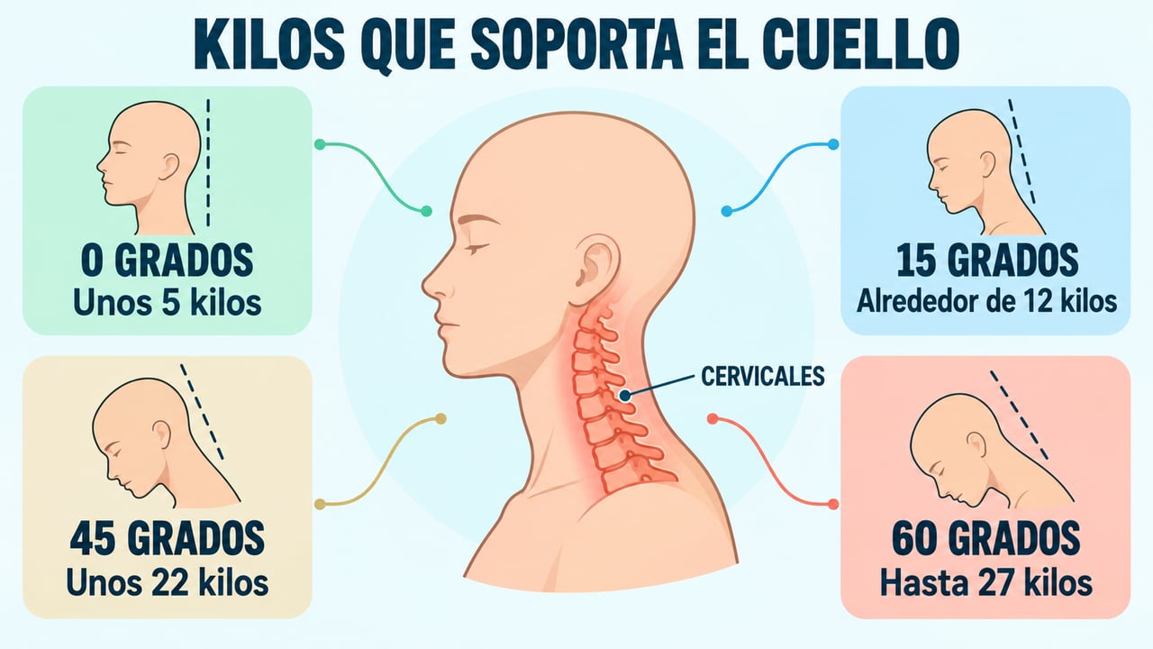 A mayor inclinación del cuello, más kilos soportan las cervicales: de 5 a 27.