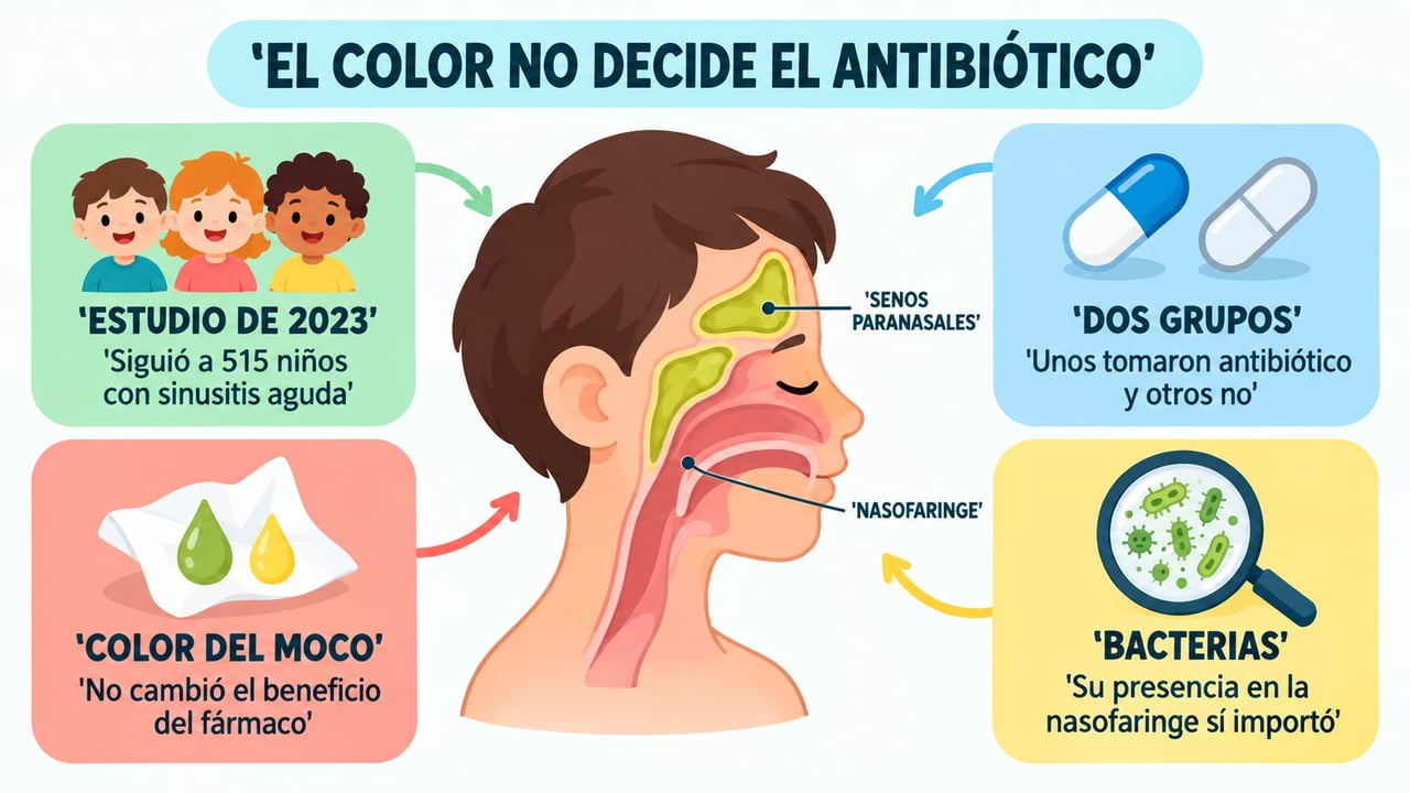 En un estudio con 515 niños, el color de la mucosidad no cambió el beneficio del antibiótico.