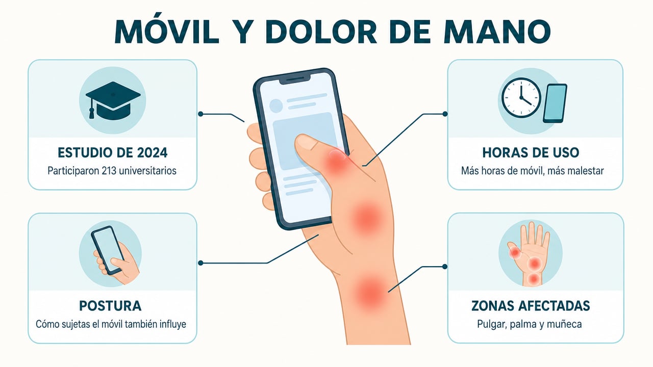 Un estudio con 213 universitarios vinculó las horas de móvil y la postura con molestias en pulgar, palma y muñeca.