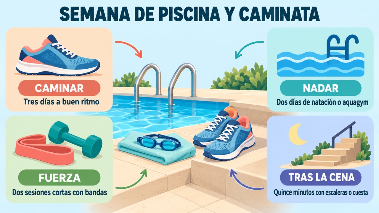 Una semana que combina caminata, natación, fuerza y paseo tras la cena cuida huesos y articulaciones.