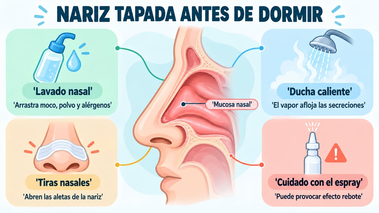 Lavado nasal, vapor, tiras nasales y precaución con el espray, remedios sencillos antes de dormir.