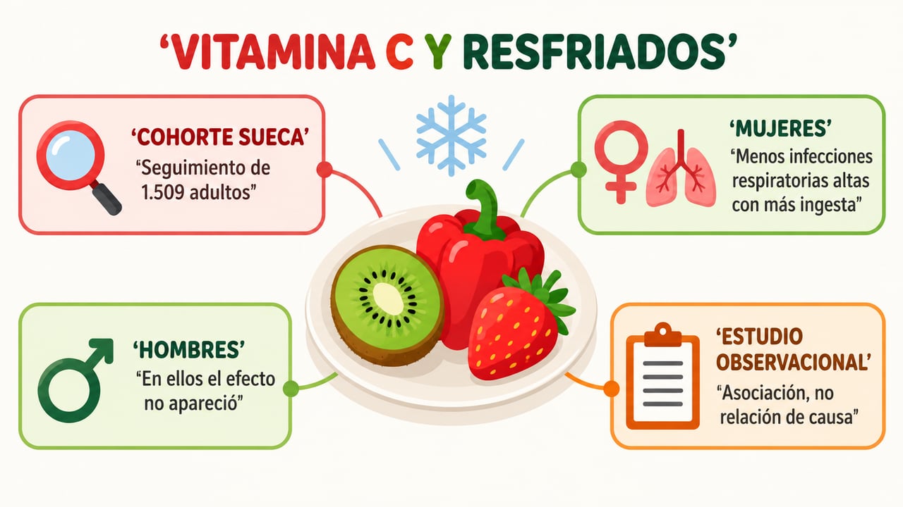 Un estudio sueco con 1.509 adultos asocia más vitamina C de la dieta con menos infecciones respiratorias en mujeres.