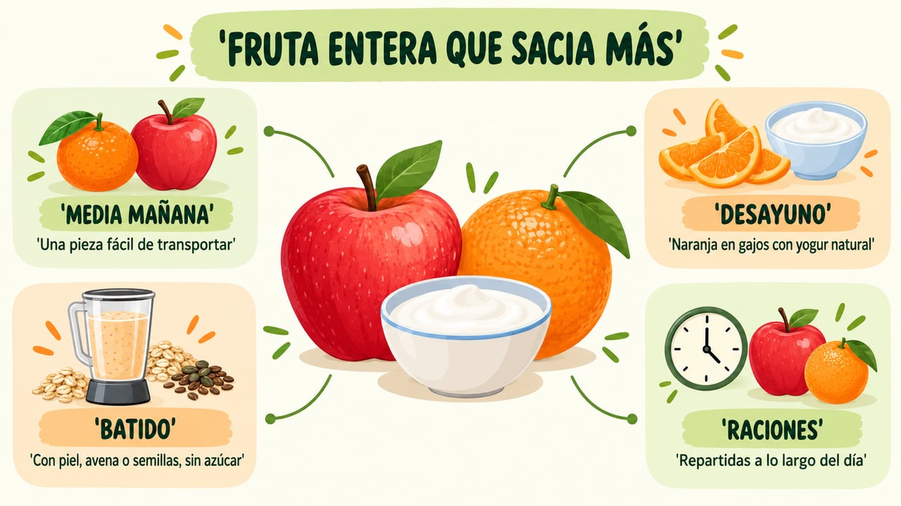 Ideas sencillas para incluir fruta entera a lo largo del día sin perder saciedad.