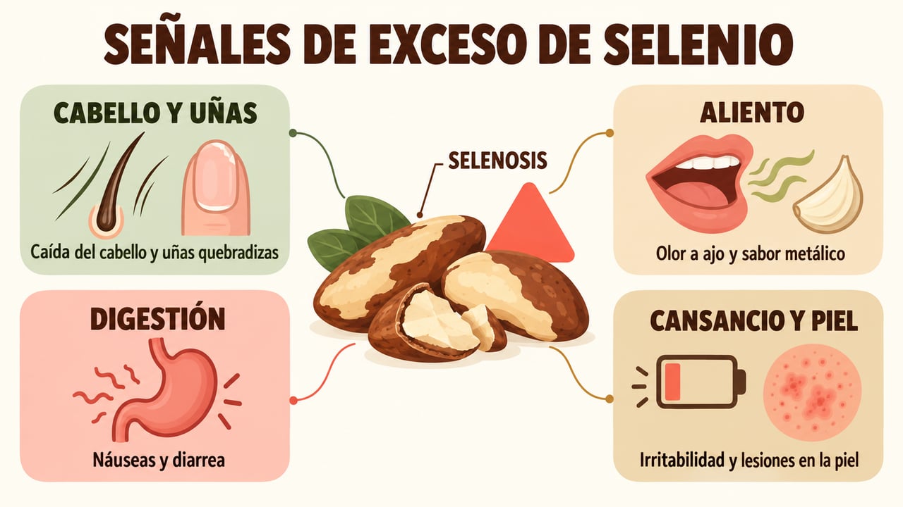 Señales de selenosis por exceso de nueces de Brasil: cabello, aliento, digestión y cansancio.
