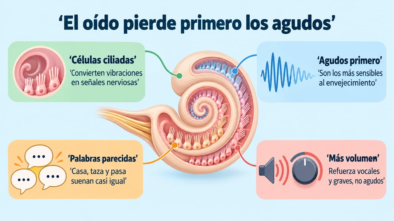 Las células ciliadas de la cóclea pierden primero los agudos y el volumen no lo corrige.