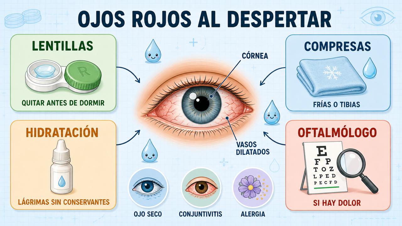 Cuatro claves ante los ojos rojos: lentillas, compresas, hidratación ocular y consulta con el oftalmólogo.