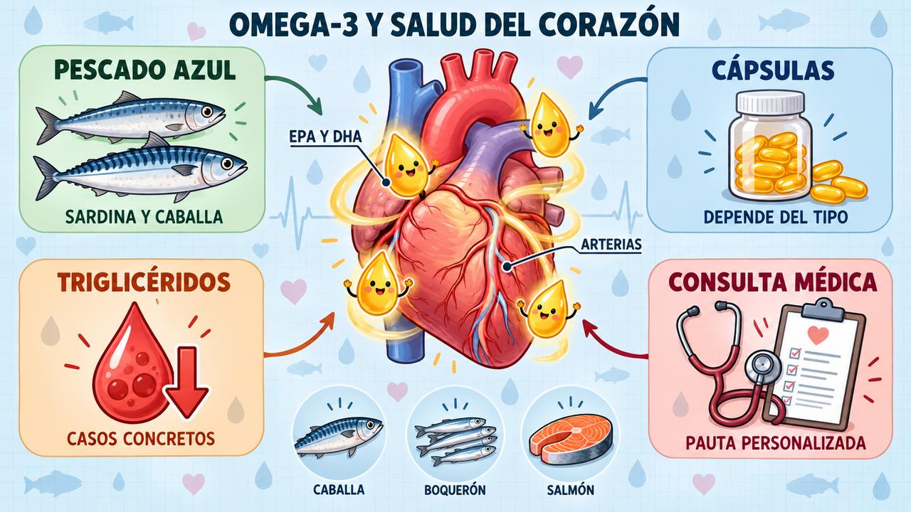 Pescado azul, cápsulas, triglicéridos y consulta médica: los cuatro pilares para elegir el omega-3 adecuado.