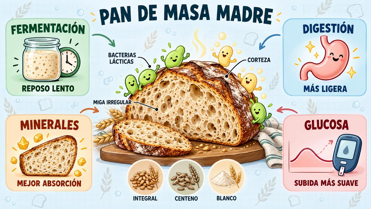 Cuatro claves del pan de masa madre: fermentación lenta, digestión, minerales y glucosa más estable.