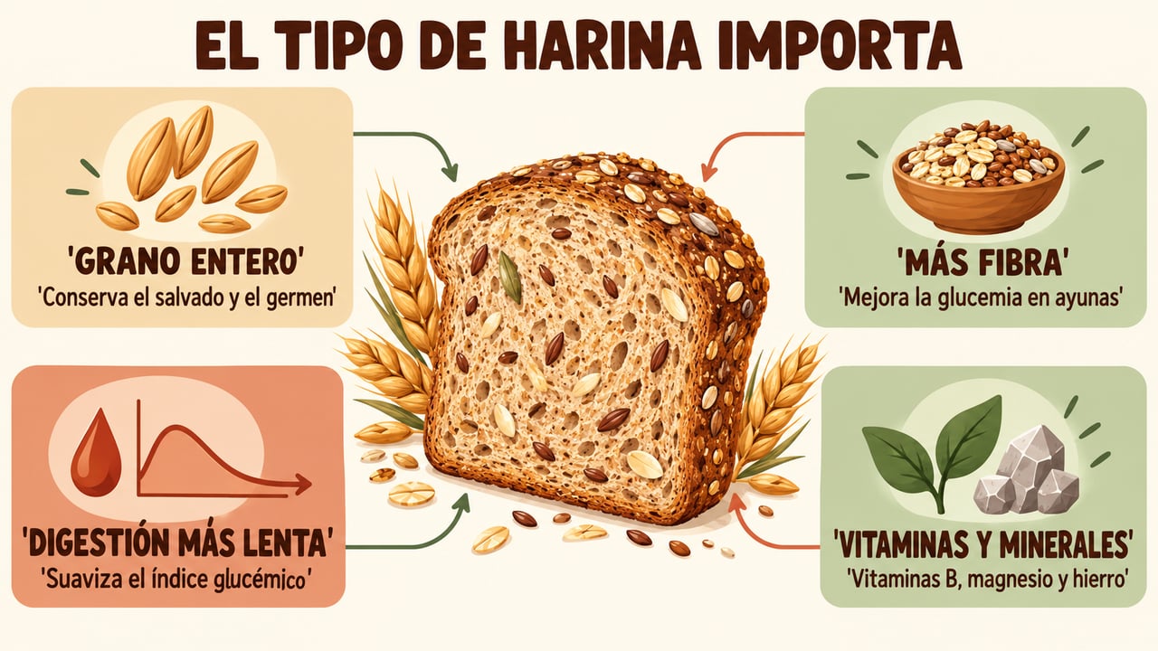 El grano entero aporta fibra, digestión más lenta, vitaminas del grupo B y minerales al pan.
