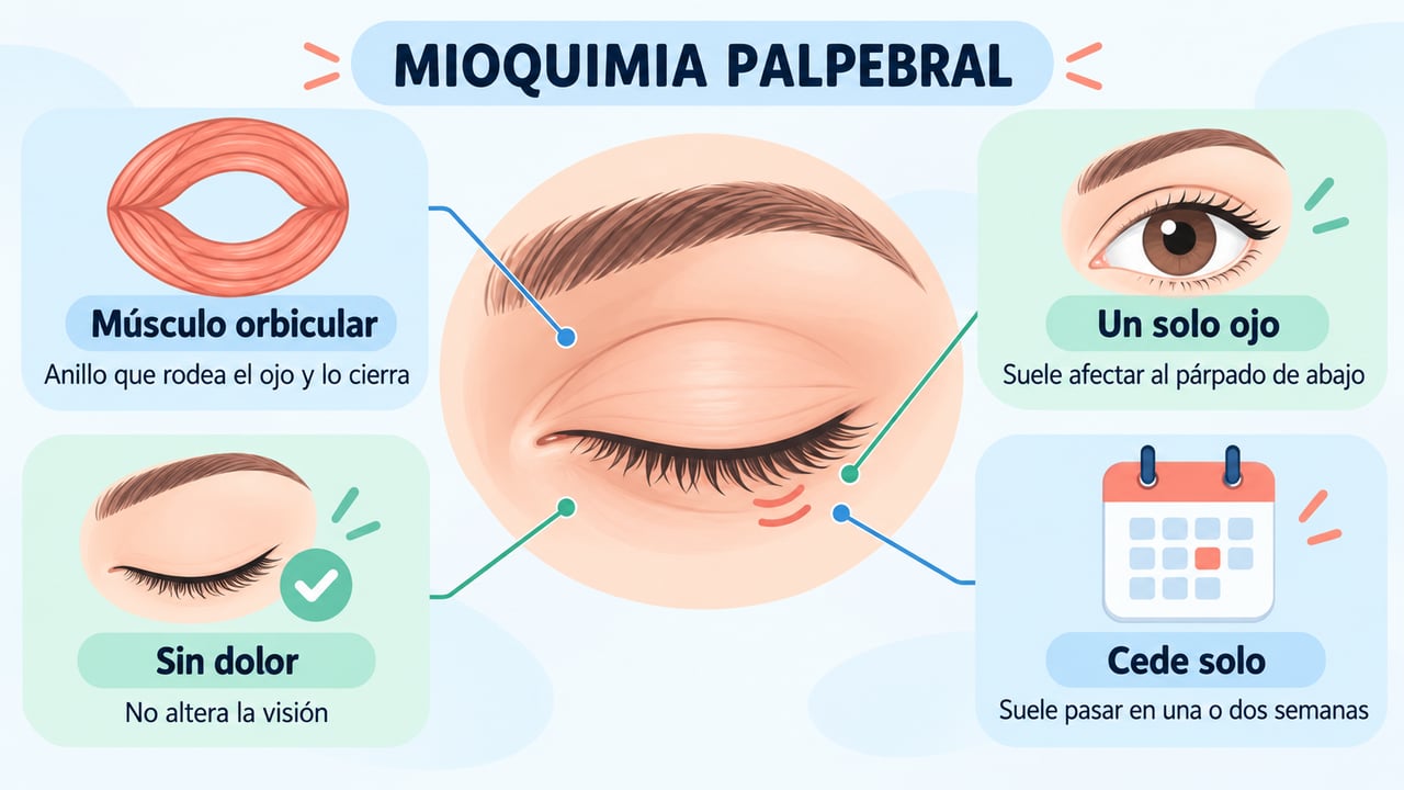 La mioquimia nace en el músculo orbicular, afecta a un ojo, no duele y cede sola.