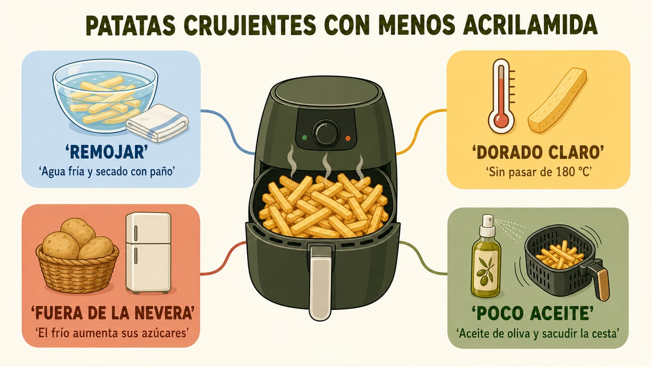 Remojar, dorar poco, evitar la nevera y usar poco aceite: claves para unas patatas crujientes con menos acrilamida.