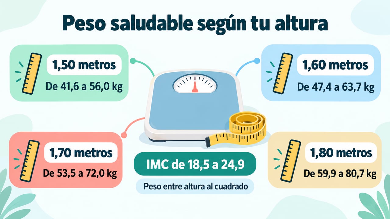 Márgenes de peso saludable según la OMS para estaturas de 1,50 a 1,80 metros.