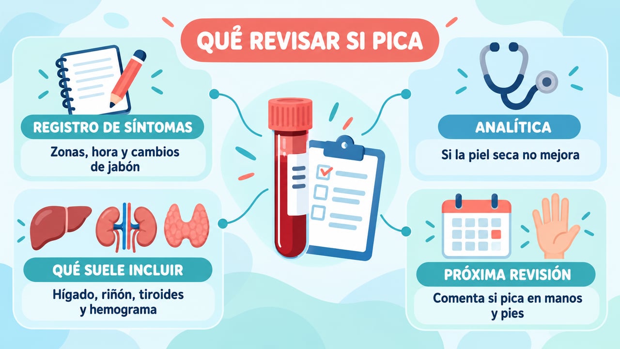 Registro de síntomas, analítica, pruebas habituales y revisión: qué conviene vigilar si el picor persiste.