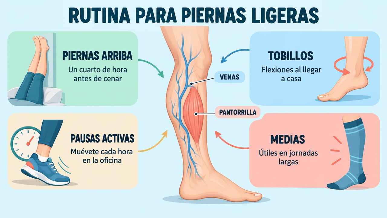 Piernas en alto, flexiones de tobillo, pausas activas y medias de compresión mantienen la circulación venosa.