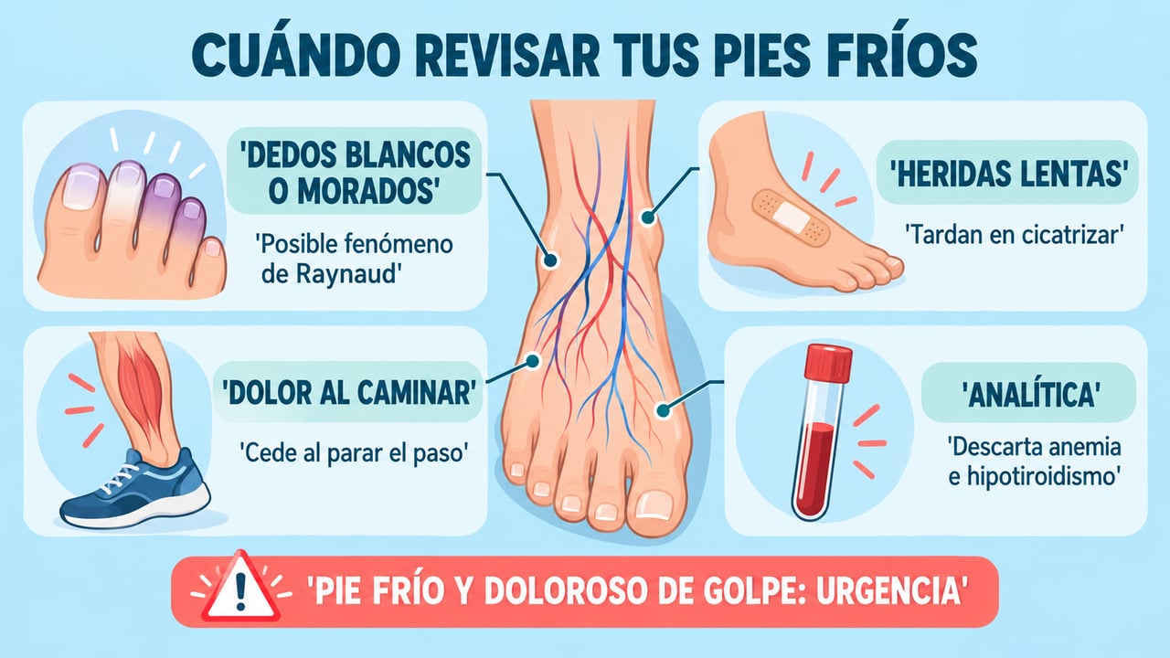 Dedos que cambian de color, heridas lentas, dolor al caminar y síntomas que justifican una revisión.