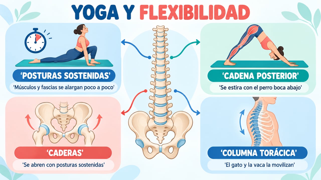 El yoga gana en flexibilidad al estirar la cadena posterior, abrir caderas y movilizar la columna.