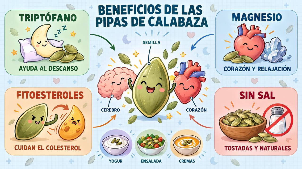 Triptófano, magnesio, fitoesteroles y consumo sin sal: los cuatro pilares de las pipas de calabaza.